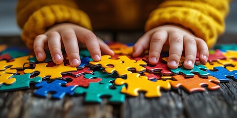 Banner, An autistic child`s hands play colorful jigsaw puzzle symbol of public awareness for autism spectrum disorder. autistic child`s hands playing a puzzle. World Autism Awareness day April 2