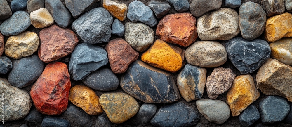 Poster Colorful decorative stones arranged in a natural pattern creating an earthy textured background for design and landscaping projects