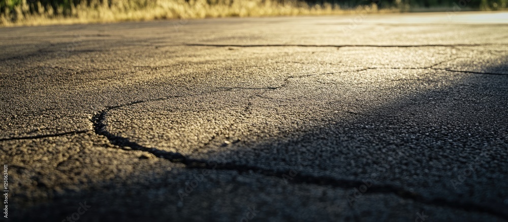 Poster detailed close-up of cracked asphalt road surface showcasing unique patterns and textures in an outd
