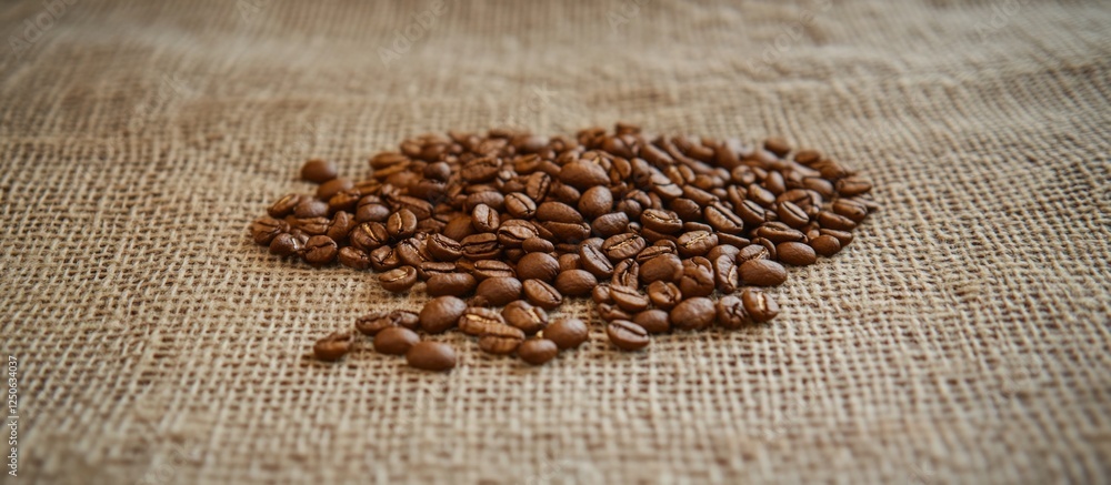 Aufkleber roasted coffee beans scattered on burlap fabric ideal for coffee shop advertising and websites with 
