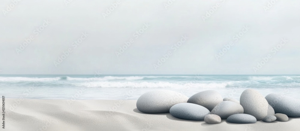 Poster soothing beach scene featuring smooth rocks and pebbles in light gray shades with gentle waves in th