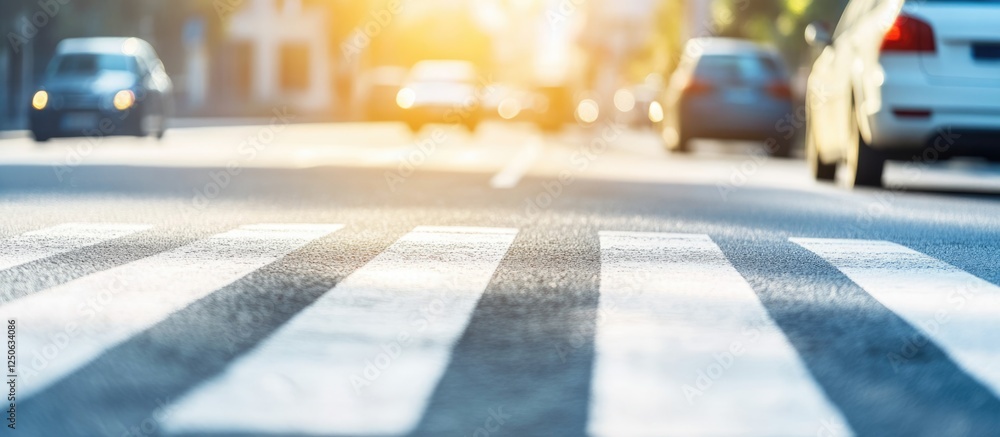 Poster urban street scene featuring crosswalk with white lines illuminated by sunlight creating a contrast 
