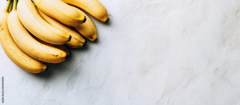 Aufkleber Fresh ripe bananas clustered on a white marble background with ample empty space for text or branding purposes.