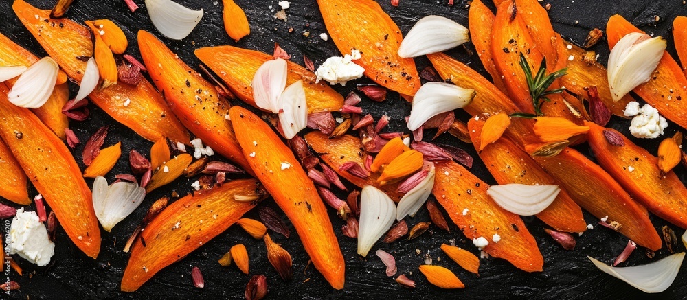 Aufkleber roasted carrot and feta salad with endives on dark background ready for text addition