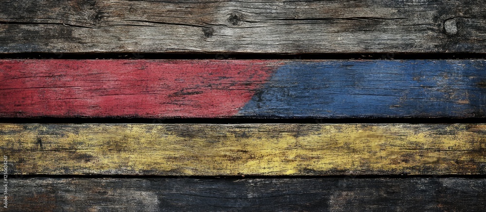 Poster sark flag art on weathered wooden planks showcasing vibrant colors and rustic texture in a creative 