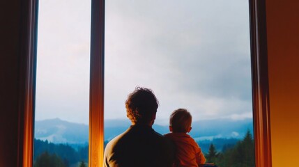 Fototapeta premium Modern Storm Safety Cozy Family Living Room with Storm Preparedness Kit and Scenic Forest View - Emergency Readiness Strategies and Public Safety Engagement