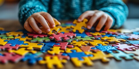 Banner, An autistic child`s hands play colorful jigsaw puzzle symbol of public awareness for autism spectrum disorder. autistic child`s hands playing a puzzle. World Autism Awareness day April 2