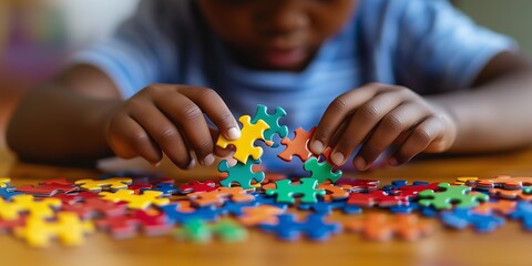 Banner, An autistic child`s hands play colorful jigsaw puzzle symbol of public awareness for autism spectrum disorder. autistic child`s hands playing a puzzle. World Autism Awareness day April 2