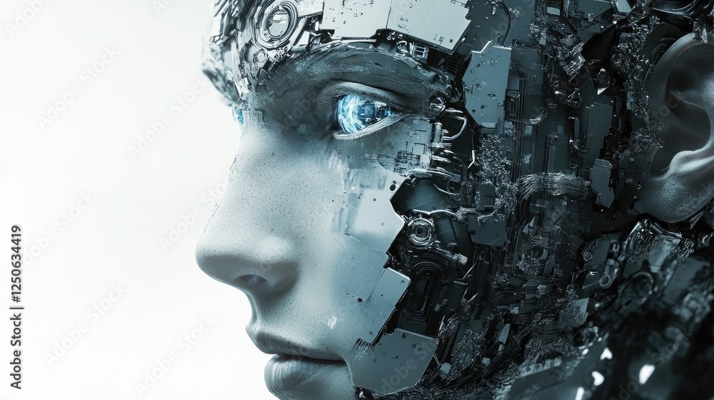 Aufkleber a conceptual art piece showing a human face transitioning into a robotic ai entity.