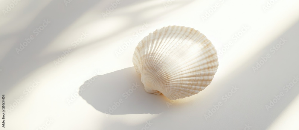 Aufkleber Delicate sea shell resting on a white background with soft shadows highlighting its intricate textures and natural beauty.