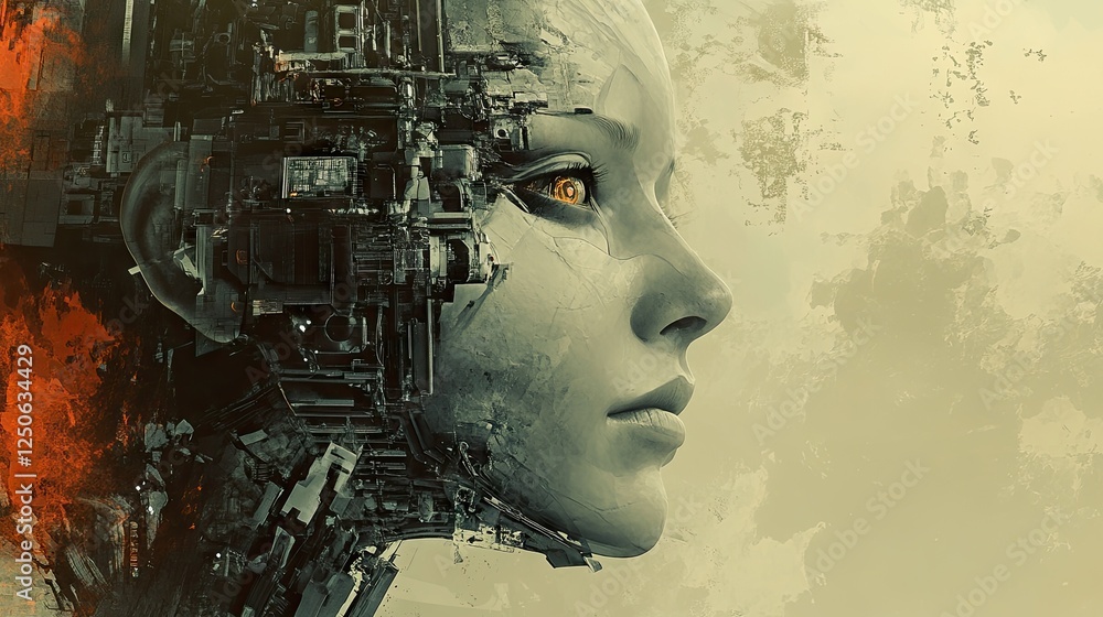 Aufkleber a conceptual art piece showing a human face transitioning into a robotic ai entity.