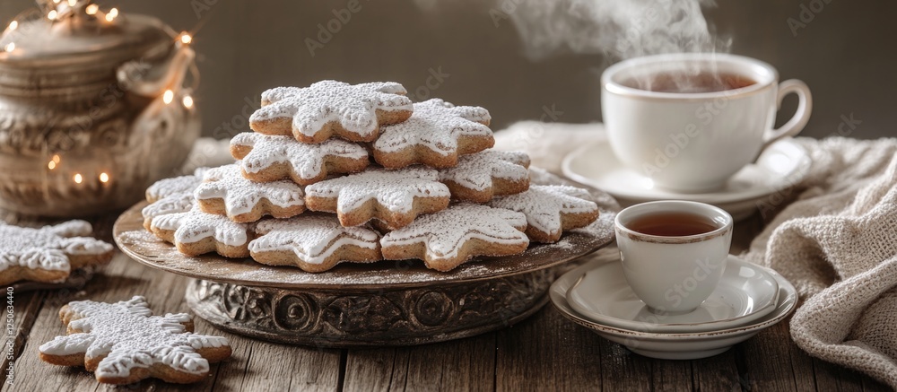 Poster gingerbread cookies dusted with powdered sugar served with tea creating a cozy festive atmosphere in