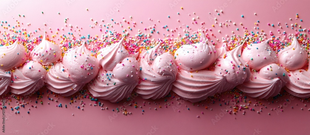 Poster colorful sprinkles on pink whipped cream background creating a vibrant and festive dessert display f