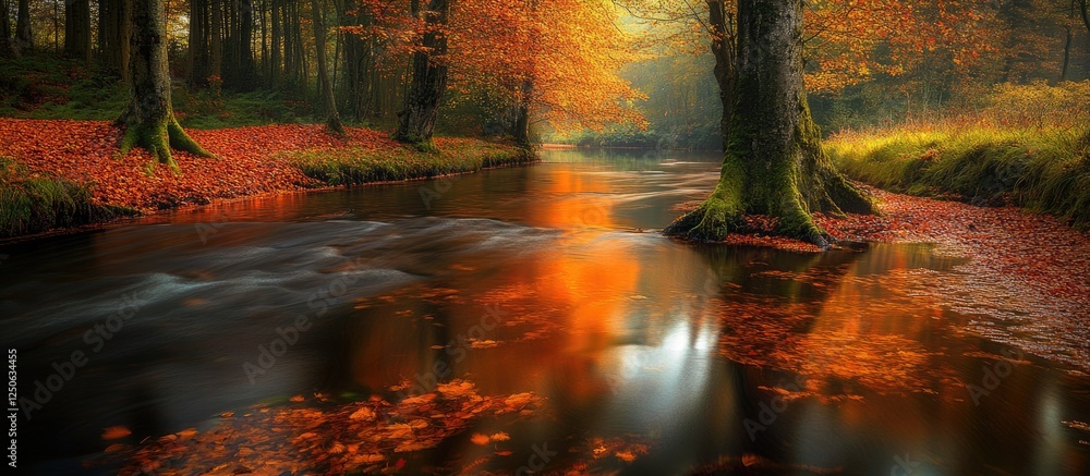 Poster autumn river flowing through a vibrant forest with colorful foliage and serene reflections on the wa