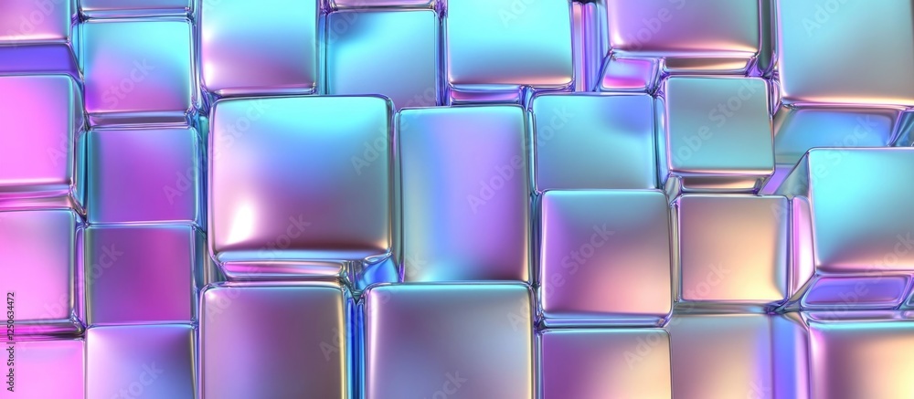 Poster Abstract seamless blue violet holographic gradient background with cubic patterns and empty space for creative text or design elements.