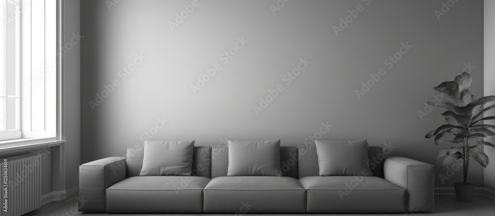 Aufkleber Modern minimalist room with gray walls and sofa featuring ample empty space for text or branding in a serene environment.