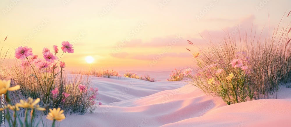 Poster serene sunset over rose dunes adorned with vibrant pink and yellow flora creating a tranquil landsca