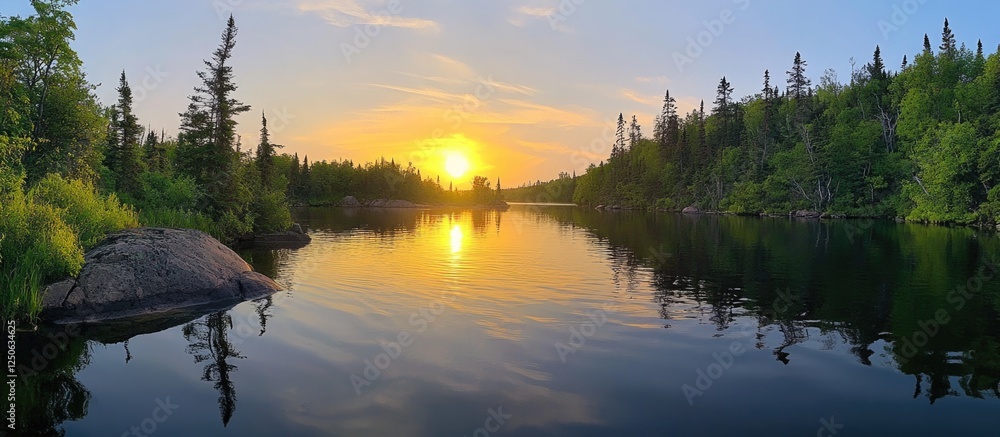 Poster tranquil river landscape reflecting sunset with lush green trees creating a serene nature scene in a