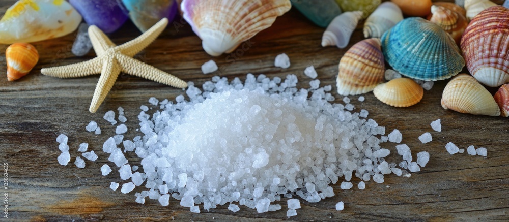 Poster sea salt crystals with seashells and starfish arranged on a colorful wooden surface creating a beach