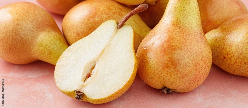 Poster ripe pears scattered on pink background with one sliced in half showcasing fresh juicy texture and n