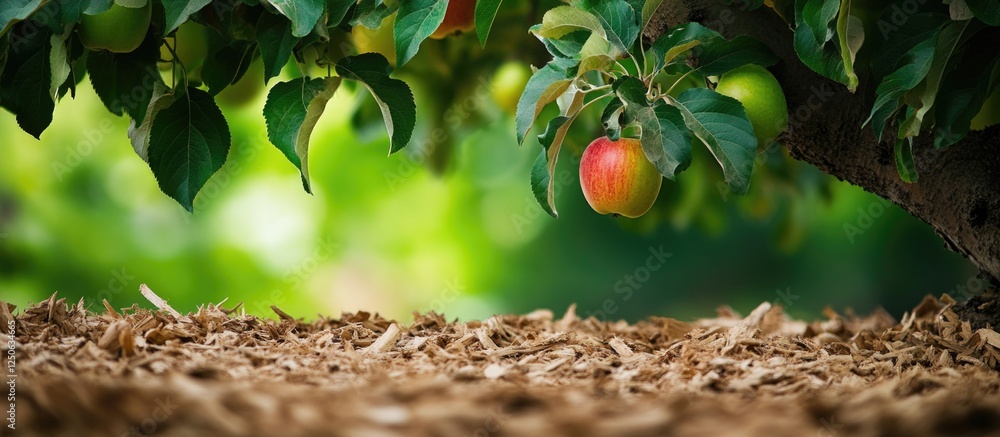 Poster sawdust texture under apple tree with ripe fruit against a vibrant green background perfect for natu