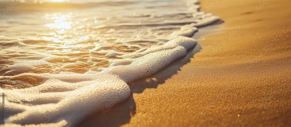 Poster close-up view of sandy beach with gentle waves and golden sunlight creating a serene coastal atmosph
