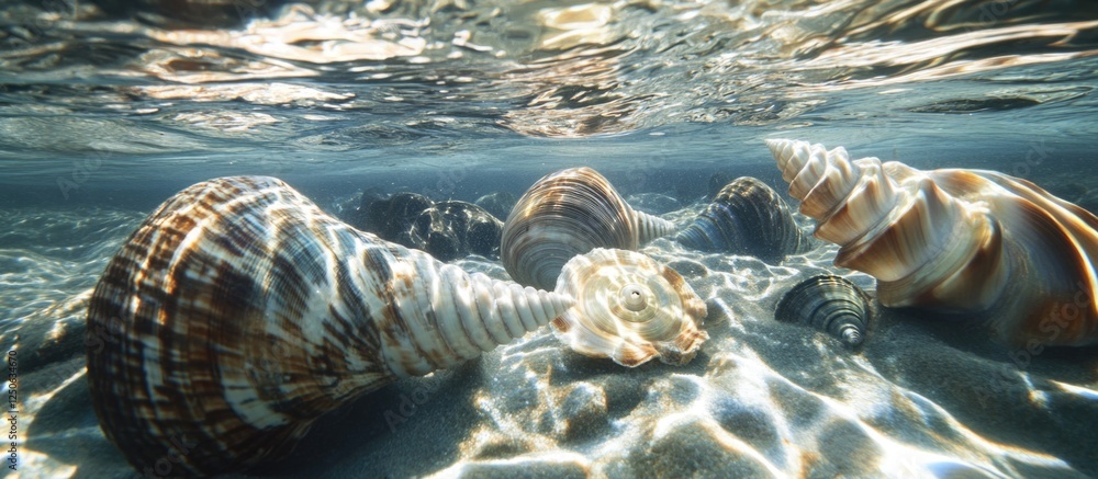 Poster Underwater close-up of sea shells creating a textured background with waves reflecting light and enhancing natural ocean beauty.