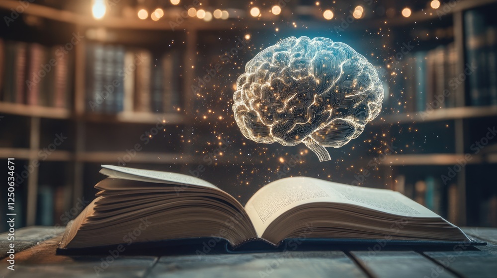 Poster a conceptual art piece showing an open book on one side and a holographic ai brain on the other.