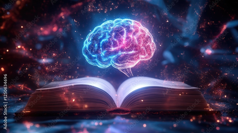 Poster a conceptual art piece showing an open book on one side and a holographic ai brain on the other.