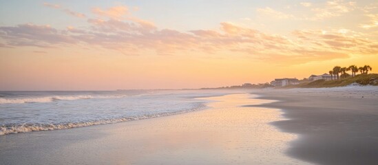 Tranquil sunset reflecting on calm beach waves with coastal palm trees in the background creating a serene landscape atmosphere.