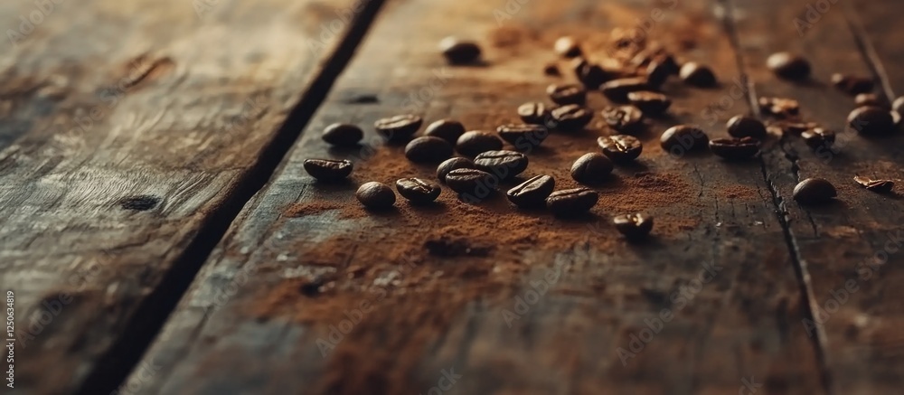 Poster Roasted coffee beans scattered on rustic wooden surface creating a warm and inviting atmosphere for coffee lovers and enthusiasts.