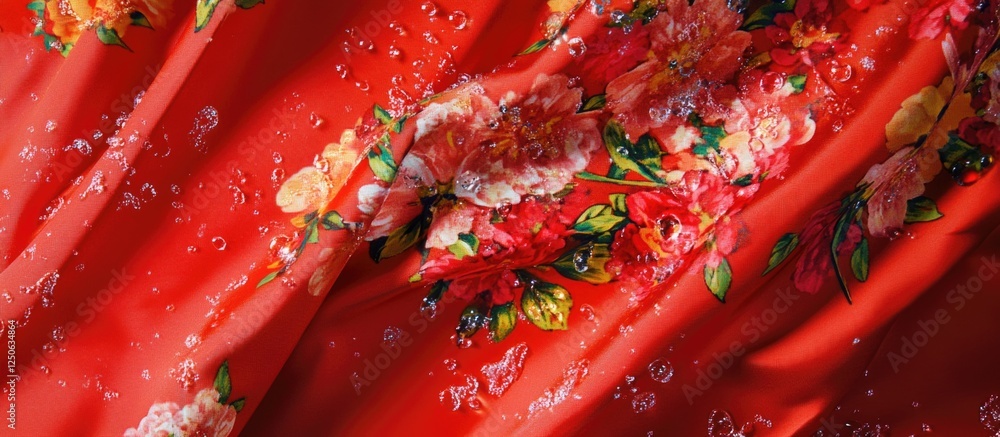 Aufkleber vibrant red floral fabric with dynamic water splashes creating a visually striking and refreshing te