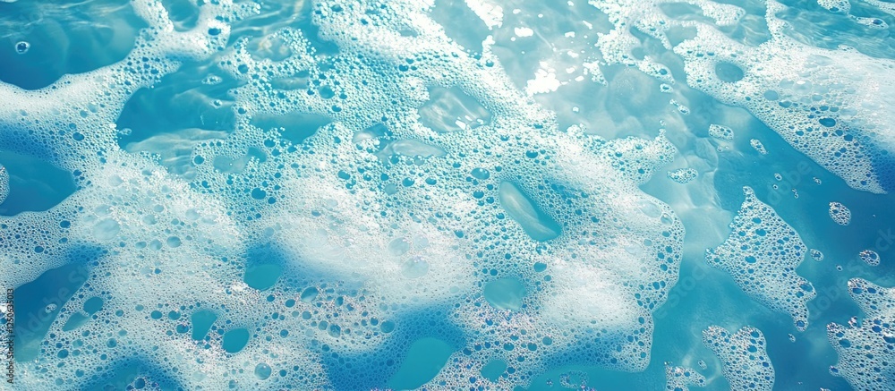 Poster close up of sea foam with sun reflections on tranquil turquoise water creating a serene coastal atmo