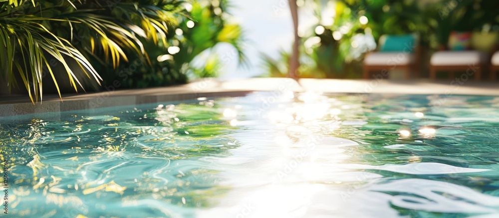 Poster serene ripple reflection of sunlight on a tranquil swimming pool surface surrounded by lush greenery