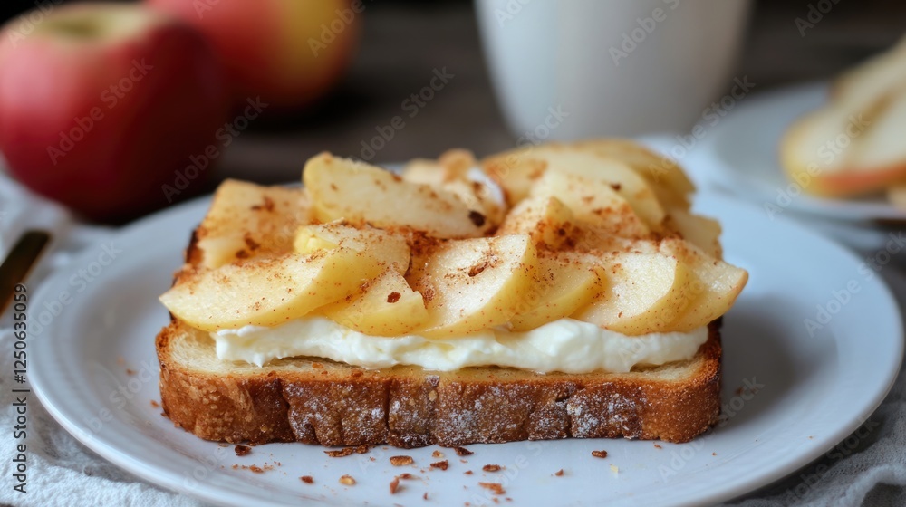 Poster Rustic apple cream toast with sliced apples and cinnamon on whole grain bread served on a white plate with fresh apples in background