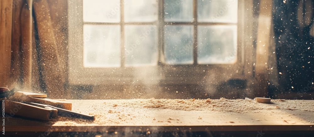 Poster Woodworking workspace with sawdust creating a warm atmosphere and sunlight streaming through a window, highlighting craftsmanship and creativity.