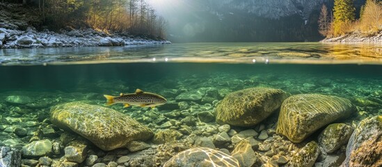Tranquil river scene with underwater rocks and fish captured in midday sunlight, Reka River Slovenia January 2019