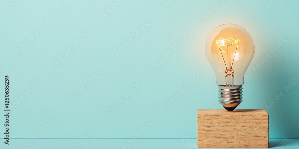 Poster modern minimalist office decor wooden block with illuminated lightbulb on turquoise backdrop - inspi