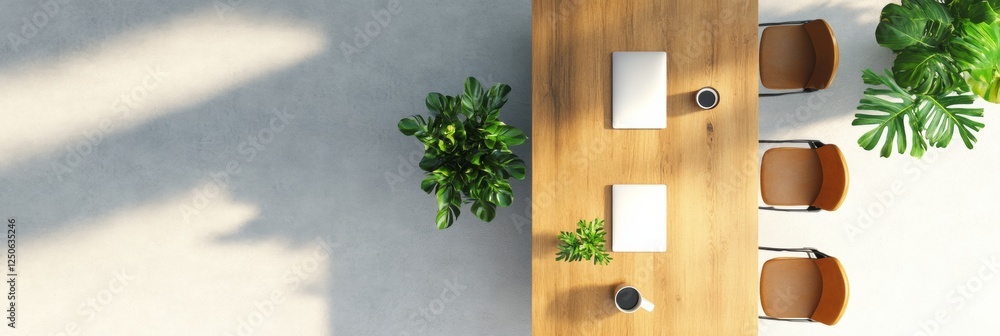 Aufkleber modern urban coworking setup minimalist wooden desk with laptops and coffee - collaborative workspac