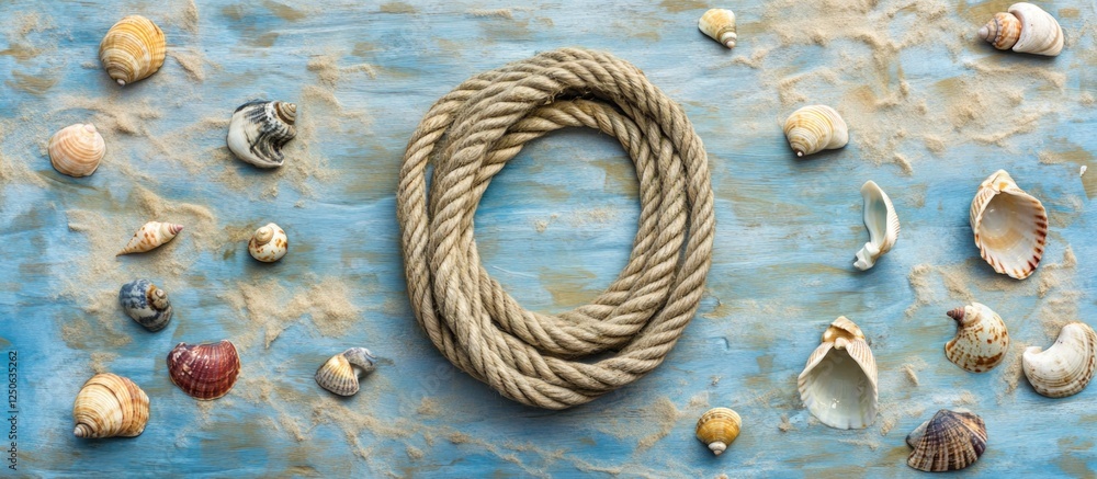 Poster rope surrounded by assorted seashells on sandy beach against a blue wooden backdrop in an artistic t