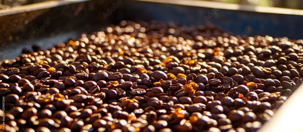 Poster close-up of roasted coffee beans illuminated by morning sunlight showcasing texture and warmth in a 