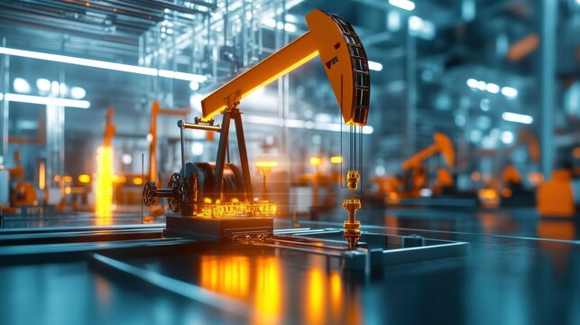 3D-printed oil extraction tools with futuristic factory background, innovation in petroleum engineering, high-tech industrial scene