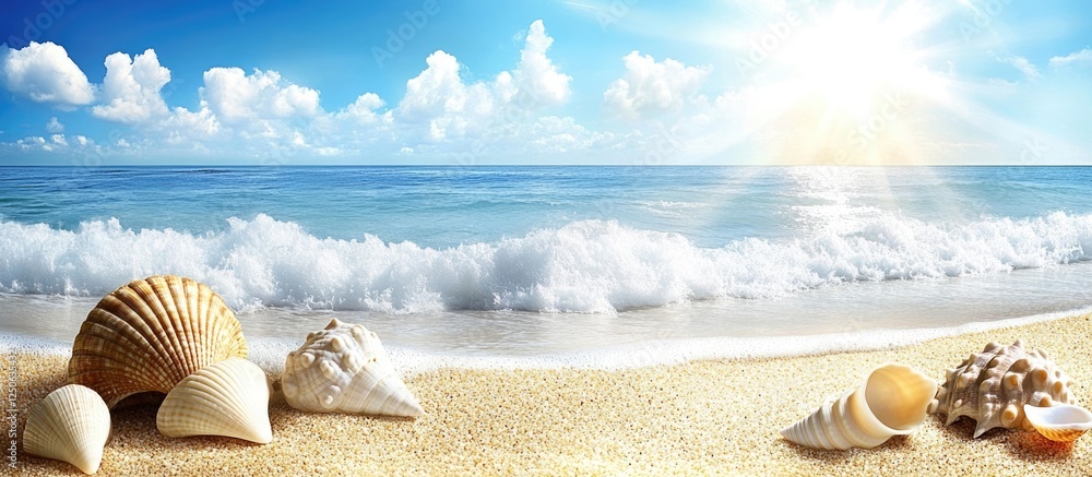 Poster serene sandy beach with foamy surf and seashells under a bright sunlit sky creating a tranquil coast