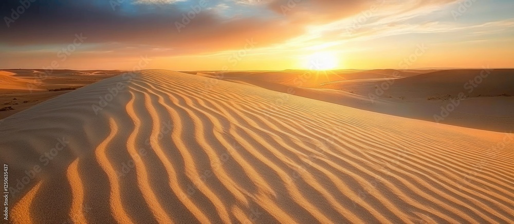 Poster Desert Dunes at Sunset with Beautiful Patterns and Warm Light in the Sky Creating a Serene and Tranquil Atmosphere