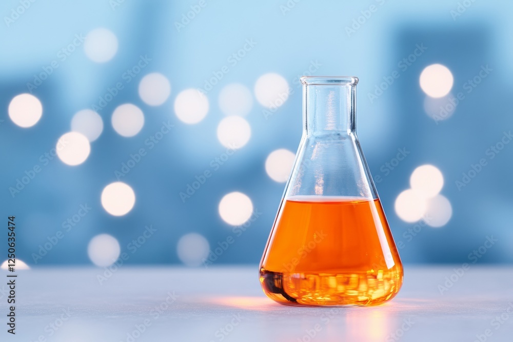 Aufkleber minimalist lab aesthetic illuminated erlenmeyer flask with vibrant orange solution - scientific inno