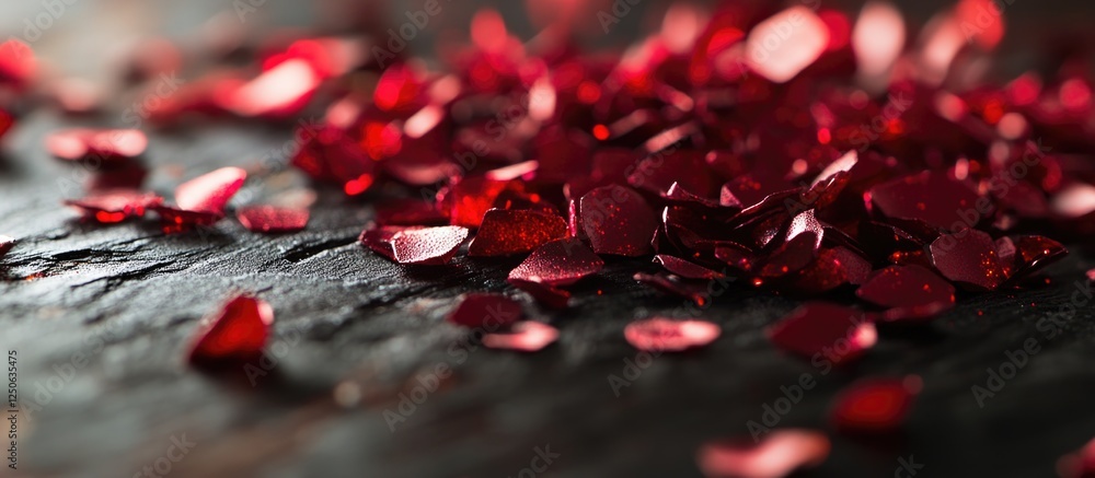 Poster red glitter scattered on dark wood with bokeh lights creating a mesmerizing play of color and shadow