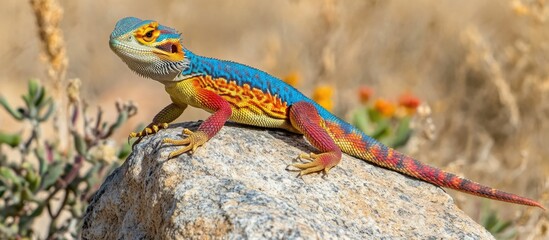 Colorful portrait of a vibrant lizard basking on a rock in a natural environment showcasing its unique features and patterns.