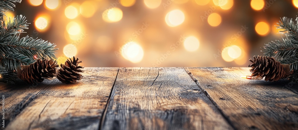 Aufkleber rustic wooden table with christmas bokeh lights background and ample space for seasonal text or holi
