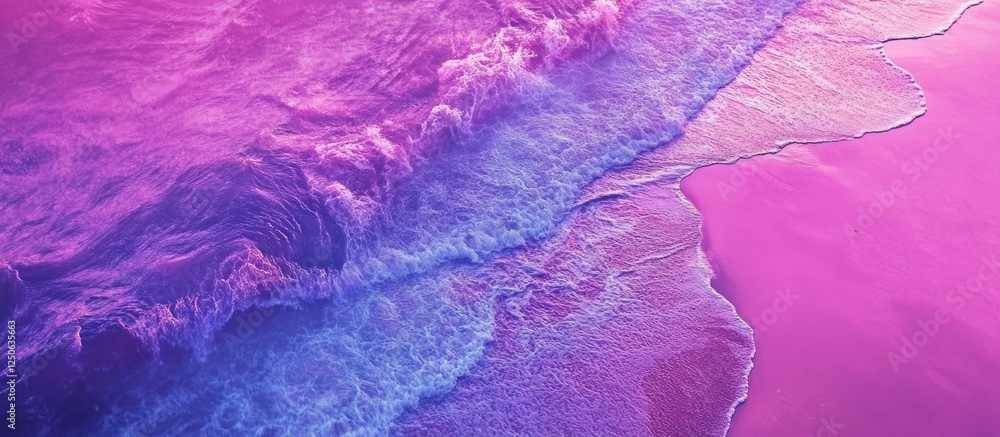 Poster serene aerial view of sandy coastline and ocean waves with vibrant violet sky ideal for advertising 