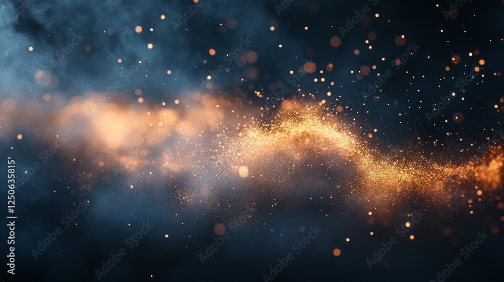 Poster the tranquil effect of dust particles gently floating in the air, softly illuminated on a black back